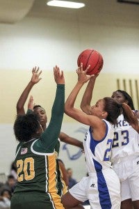 Vonquisha Turner drives to the hoop to put up a shot against Greensville earlier this season. Turner scored 14 points against Sussex High School on Monday. -- Cain Madden | Tidewater News